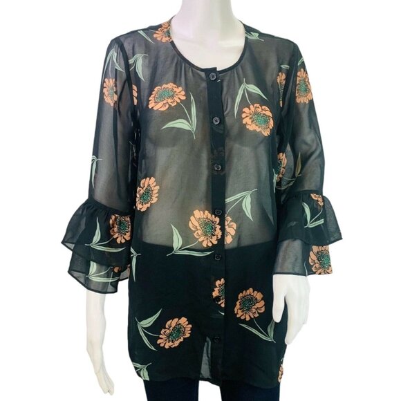 CAbi Womens La Di Da Top Black Floral Print Sheer Bell Sleeve Blouse #5206 Sz S - Picture 2 of 12